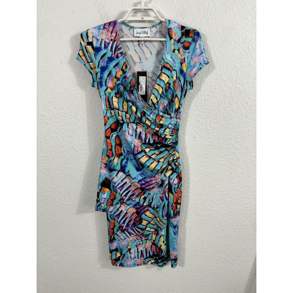 Joseph Ribkoff Dress Womens 6 Multicolor Wrap Ruched Short Sleeve V Neck 181673‎